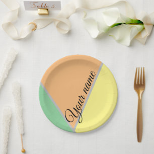 Modern Color Block Pastel Mint & Peach Custom Name Paper Plates