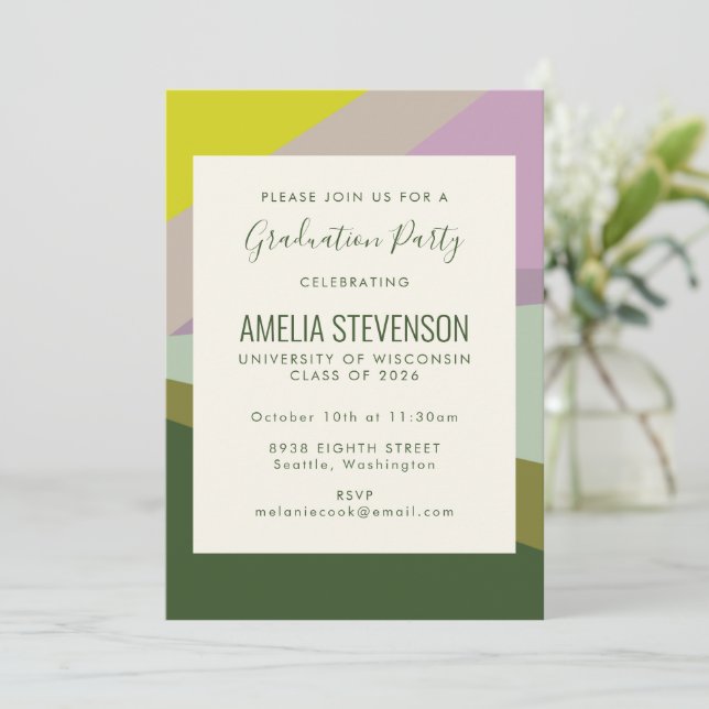 Modern Color Block Purple Green Graduation Party Invitation (Standing Front)