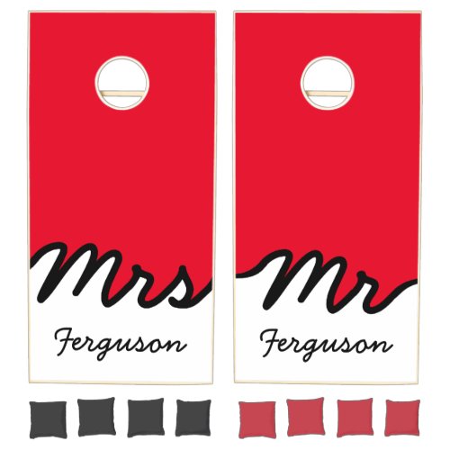 Modern Color Block Red Black White Mrs Mr Script C Cornhole Set