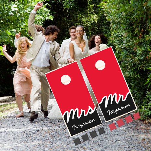 Modern Color Block Red White Black Mr Mrs Script   Cornhole Set