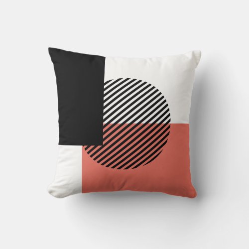 Modern Color Block Striped Circle Coral Black Throw Pillow