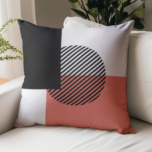 Modern Color Block Striped Circle Coral Black Throw Pillow