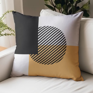 Modern Color Block Striped Circle Mango Black Throw Pillow