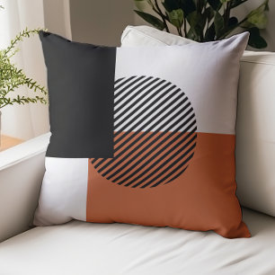 Modern Color Block Striped Circle Orange Black Throw Pillow