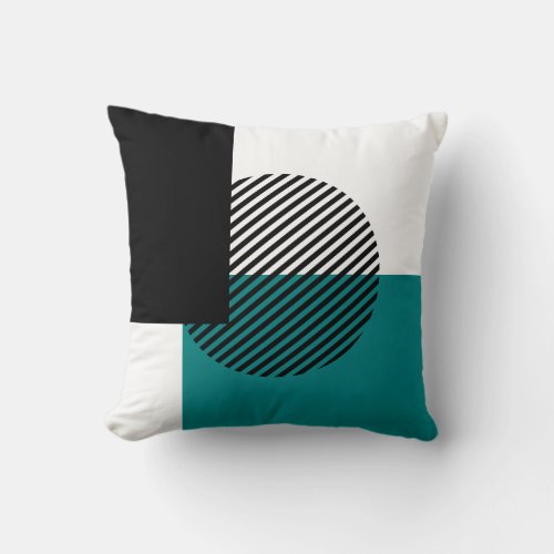 Modern Color Block Striped Circle Teal Black White Throw Pillow