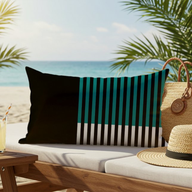 Modern Color Block Striped Teal Black White Lumbar Pillow (Creator Uploaded)