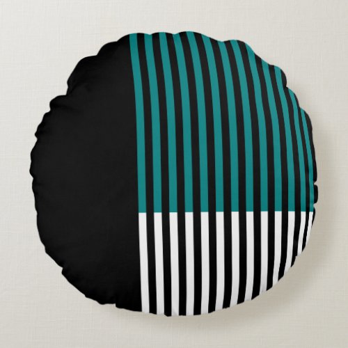 Modern Color Block Striped Teal Black White Round Pillow