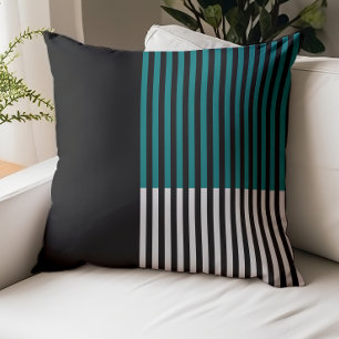 Modern Color Block Striped Teal Black White Throw Pillow