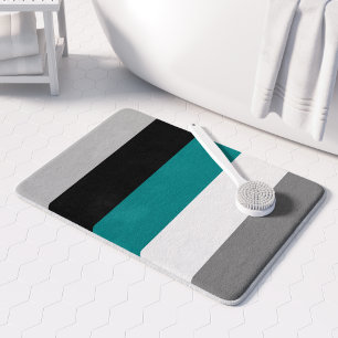 Modern Color Block Stripes Teal Blue Gray Black Bath Mat
