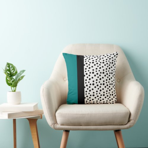 Modern Color Block Teal Black White Dots Throw Pillow