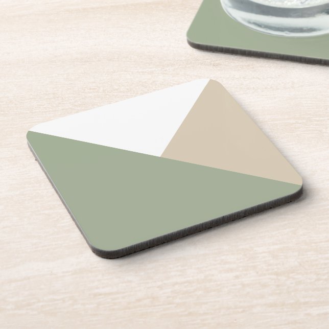 Modern Color Block Triangles Sage Green Beige Beverage Coaster (Left Side)