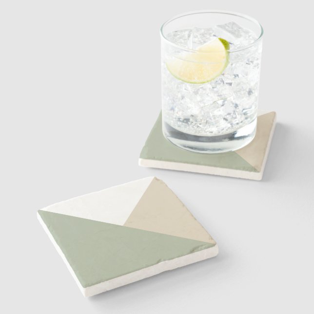 Modern Color Block Triangles Sage Green Beige Stone Coaster (Side)