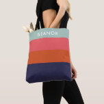 Modern Color Block Wide Stripes Personalized Tote Bag<br><div class="desc">A modern geometric color block striped design in a bold color palette of teal,  red,  dark pink,  and navy blue,  personalized with your name.</div>