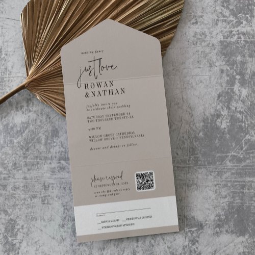 Modern COLOR EDITABLE Just Love QR Code Wedding All In One Invitation