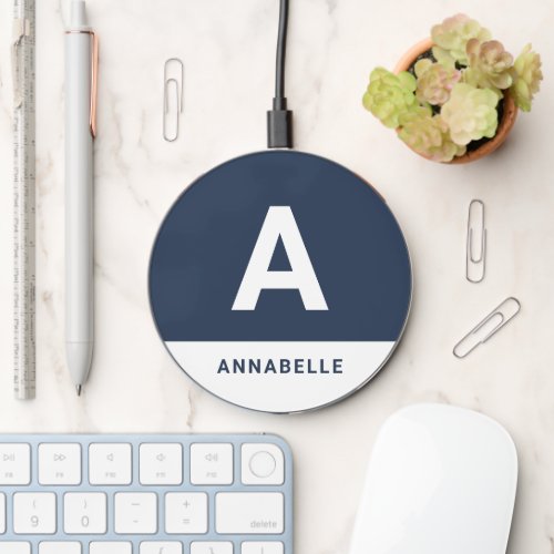 Modern colorblock blue personalized name initial wireless charger 