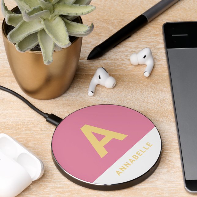 Modern colorblock pink personalized name initial wireless charger  (Desk 2)