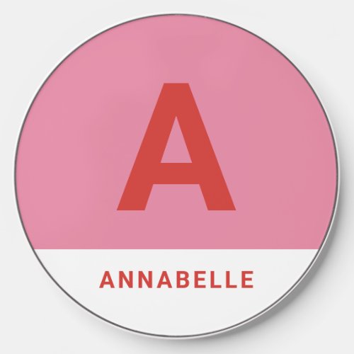 Modern colorblock red personalized name initial wireless charger 