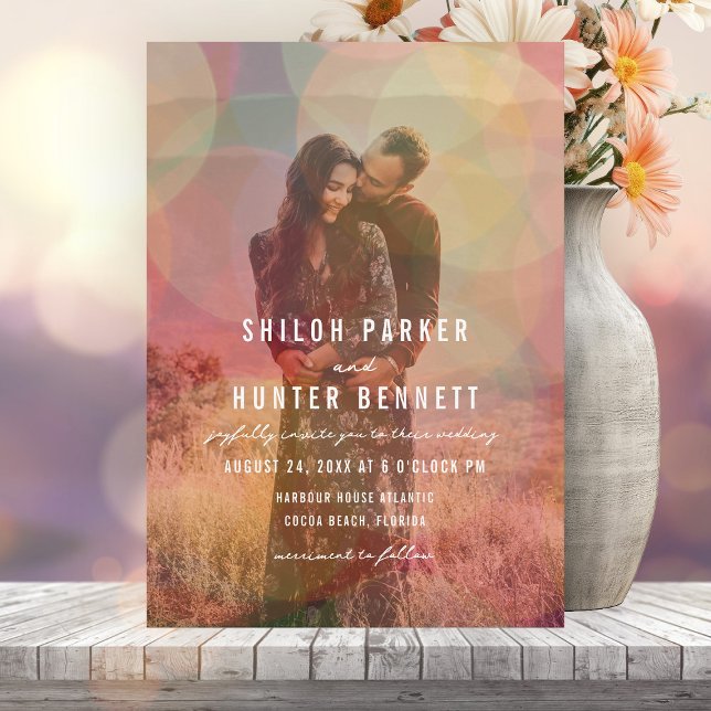 Modern Colored Bokeh Overlay Photo Wedding Invitation (Creator Uploaded)
