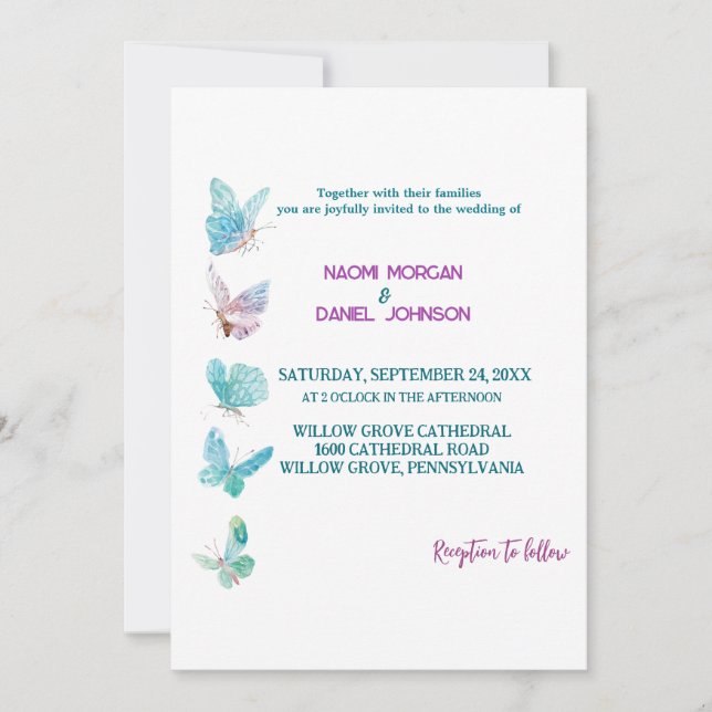 Modern Colored Butterflies Wedding Invitation (Front)
