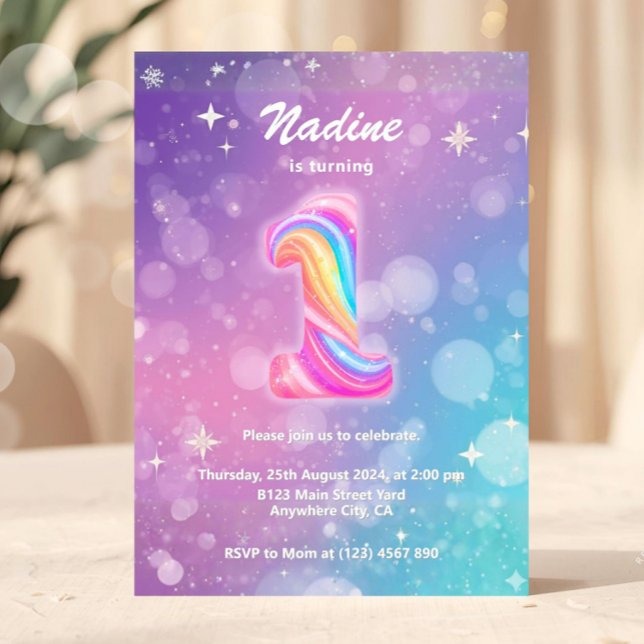 Modern Colorful 1st Birthday Rainbow Foil Invitation (1st Birthday Invitation, Girl Pink Pastel, First Birthday, Number 1, Party Invite, Pink Purple Glitt)