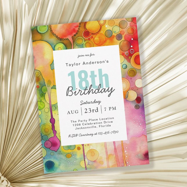 Modern Colorful Abstract 18th Birthday Party Invitation (Available as printed and paperless digital download!)