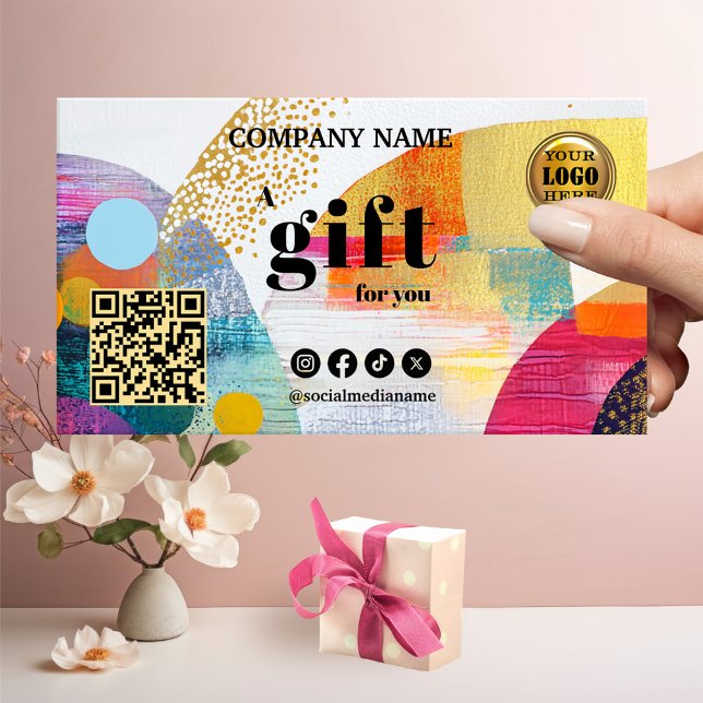 Modern Colorful Abstract Art Gift Card (A festive gift certificate featuring a colorful retro abstract design - logo- QR code - social media)