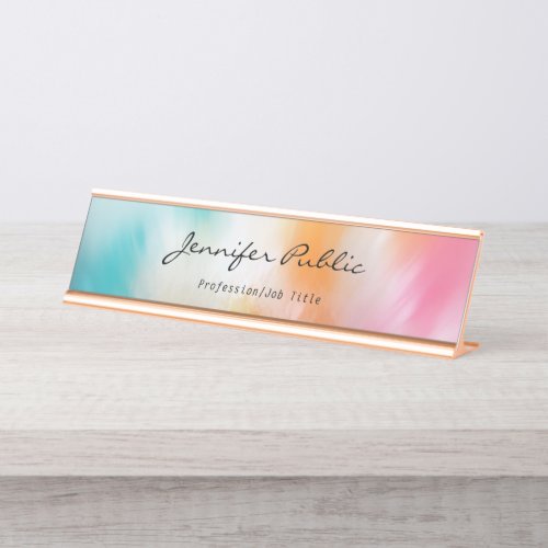 Modern Colorful Abstract Art Hand Script Rose Gold Desk Name Plate