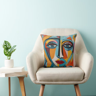 Modern Colorful Abstract Face Throw Pillow