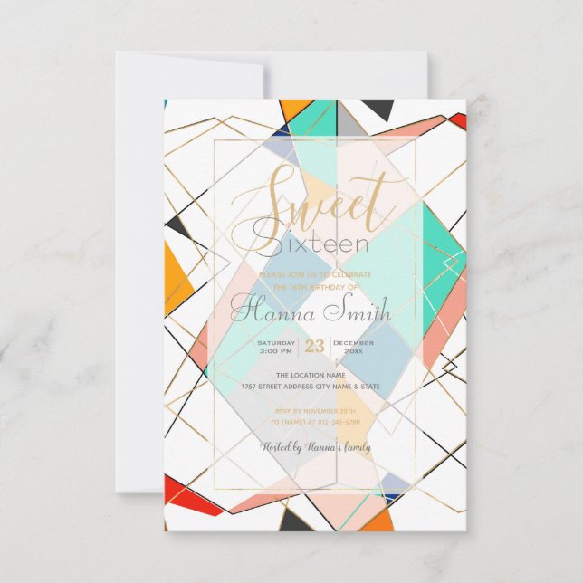 Modern Colorful Abstract Gold Geometric Strokes Invitation (Front)