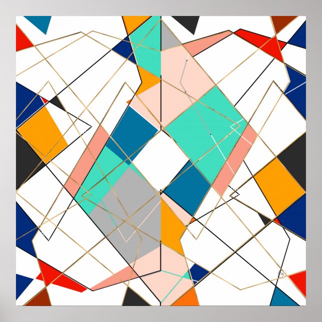 Modern Colorful Abstract Gold Geometric Strokes Poster (Front)
