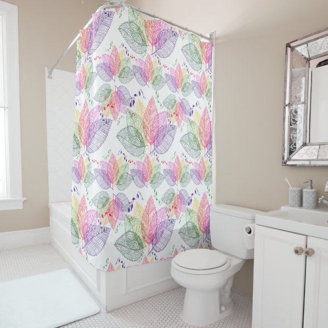 Modern Colorful Abstract Leafs Pattern Shower Curtain (In Situ)