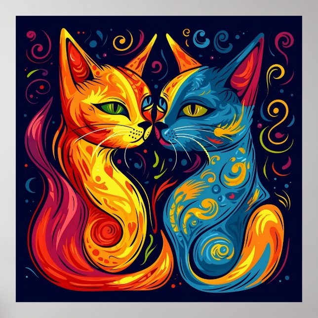 Modern Colorful Abstract Whimsical Fantasy Cat Poster (Front)