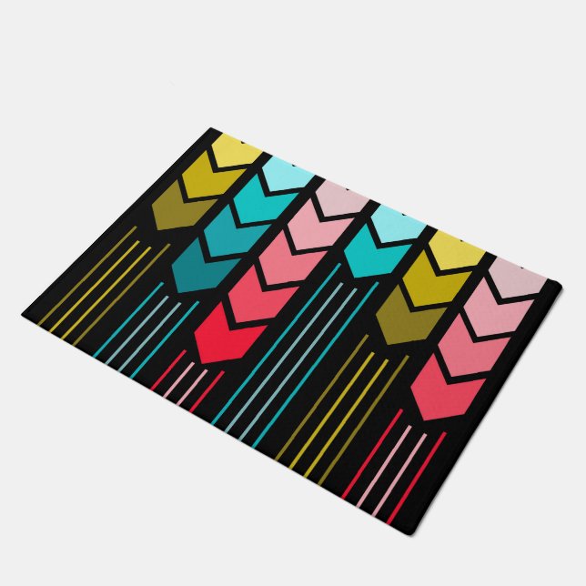 Modern Colorful Arrows Pattern On Black Doormat (Angled)