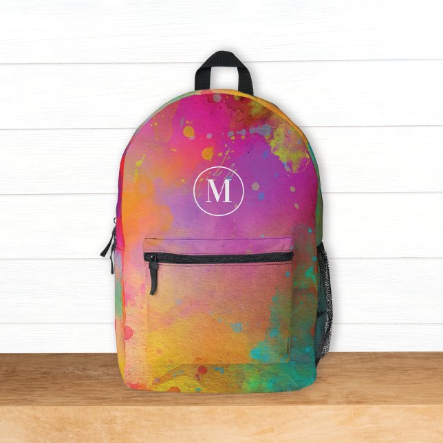 Modern Colorful Artist Paint Watercolor Monomgram Printed Backpack (Creator Uploaded)
