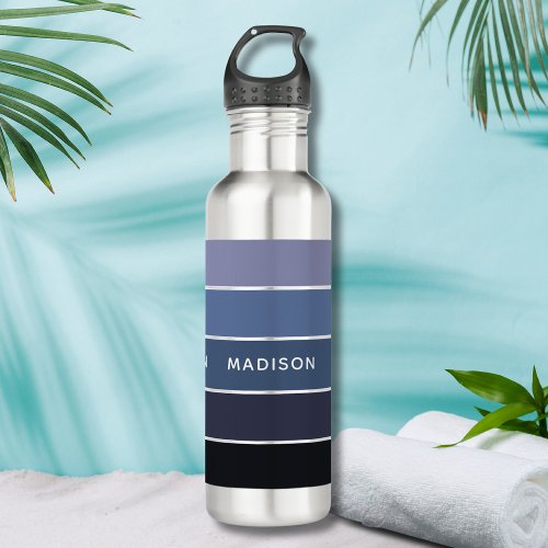 Modern Colorful Blue Color Block Personalized Name Stainless Steel Water Bottle