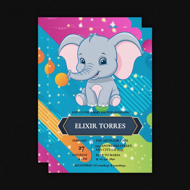 Modern Colorful Blue Elephant Baby Shower Invitation (Creator Uploaded)