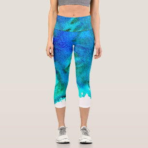 Modern colorful blue ocean watercolor marble capri leggings