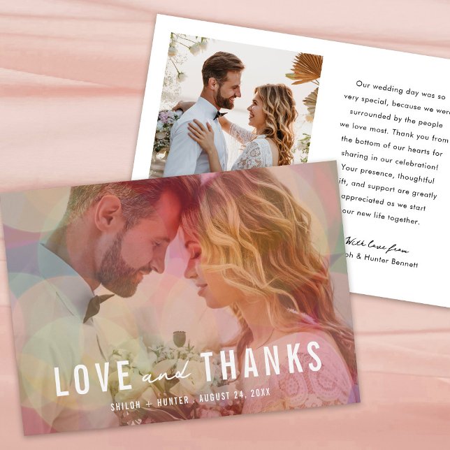 Modern Colorful Bokeh Overlay Photo Wedding Thank You Card (Creator Uploaded)