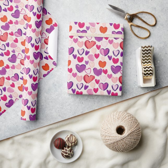 Modern Colorful Bold Pink Purple Hearts Pattern Wrapping Paper (Crafts)