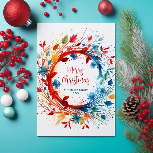 Modern Colorful Botanical Christmas Wreath  Holiday Postcard