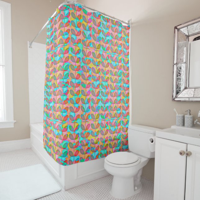 Modern Colorful Bright Blue Climbing Vines Shower Curtain (In Situ)