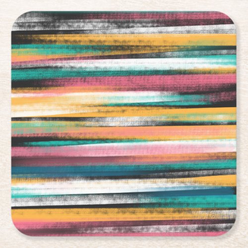 Modern Colorful Brush Strokes Stripes Oil Paint Square Paper Coaster