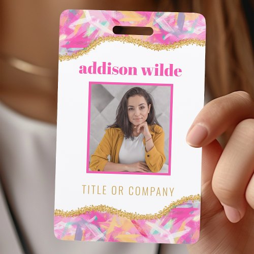 Modern Colorful Brushstrokes Gold Chic Business ID Badge