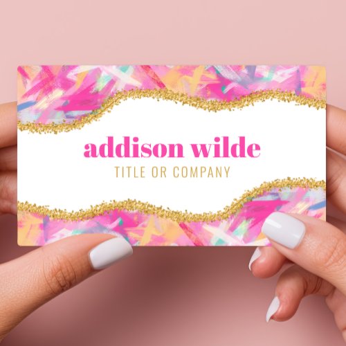 Modern Colorful Brushstrokes Gold Glitter Chic Business Card