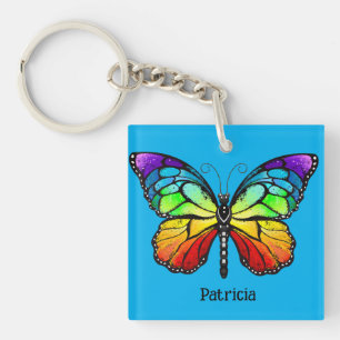 Modern Colorful Butterfly on Blue Background Keychain