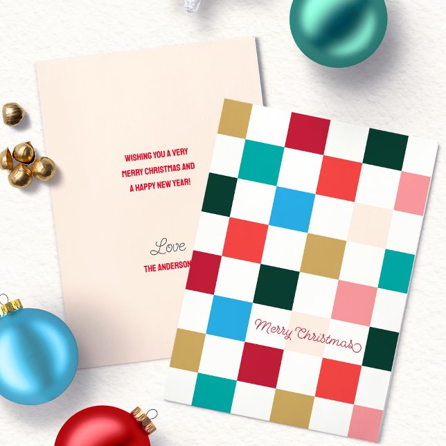 Modern Colorful Checkerboard  Holiday Card (Modern Colorful Checkerboard Merry Christmas Script Typography flat holiday card)