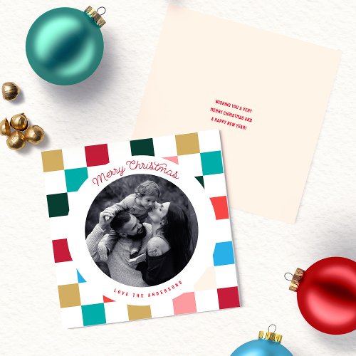 Modern Colorful Checkerboard Square Photo  Holiday Card