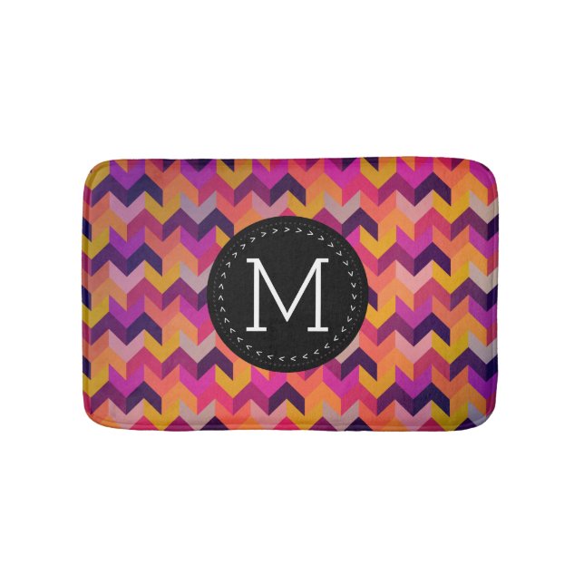 Modern Colorful Chevron Black Monogram Bath Mat (Front)