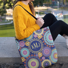 Modern Colorful Chic Monogrammed Mandala Pattern Tote Bag