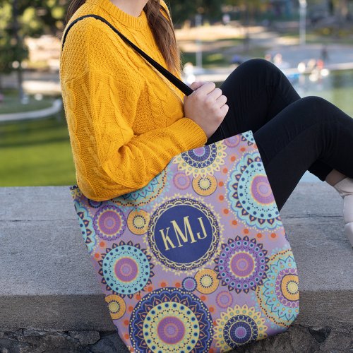 Modern Colorful Chic Monogrammed Mandala Pattern Tote Bag